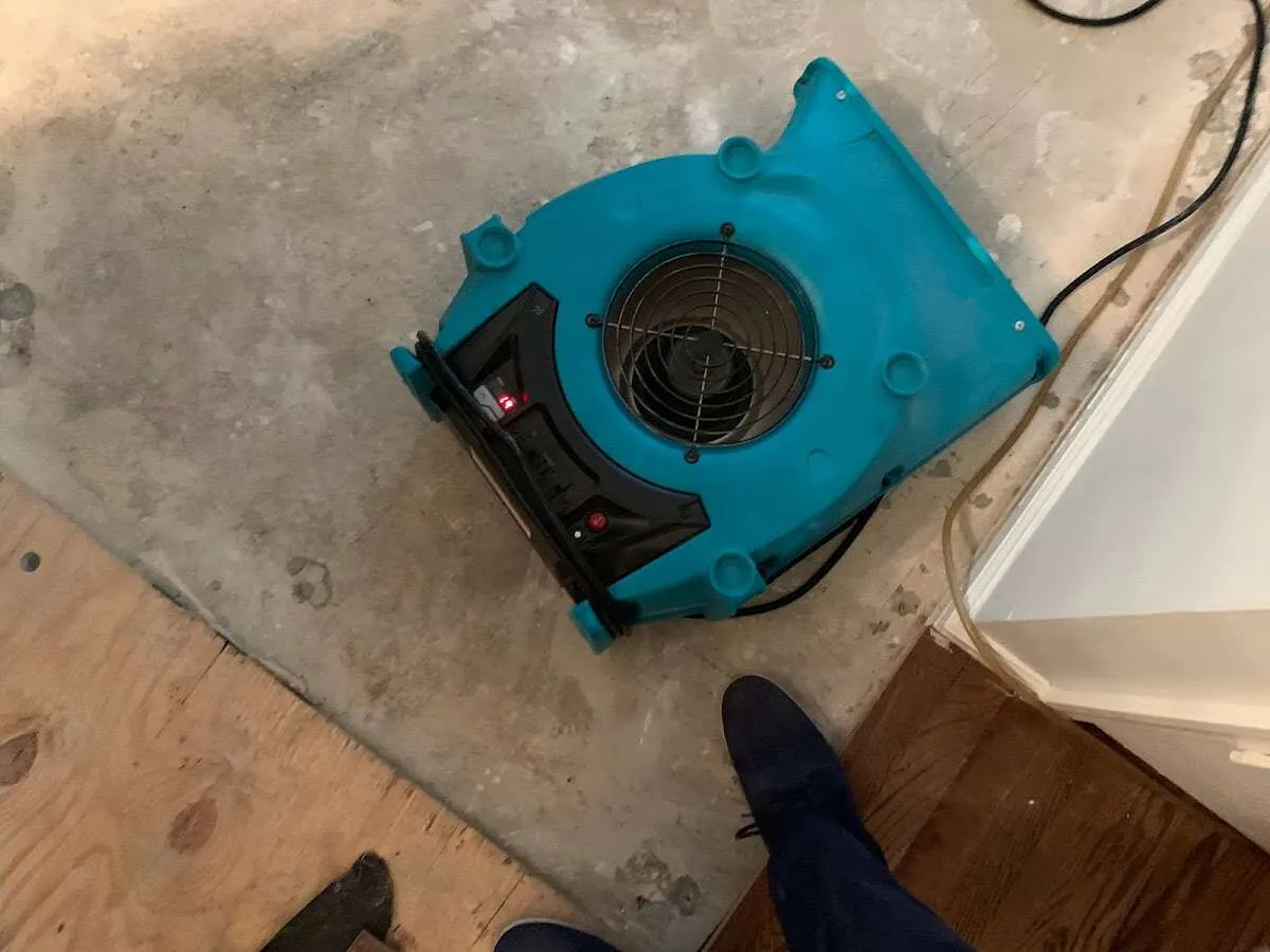 Air mover drying subfloor during Commercial Water Damage Restoration in Clute